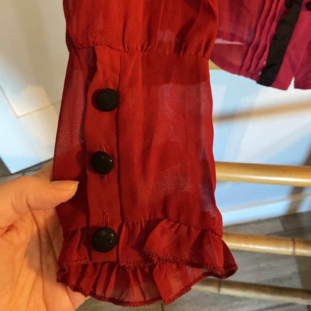 Women's Red Sheer Ruffled Button-Down Shirt - Picture 3 of 6